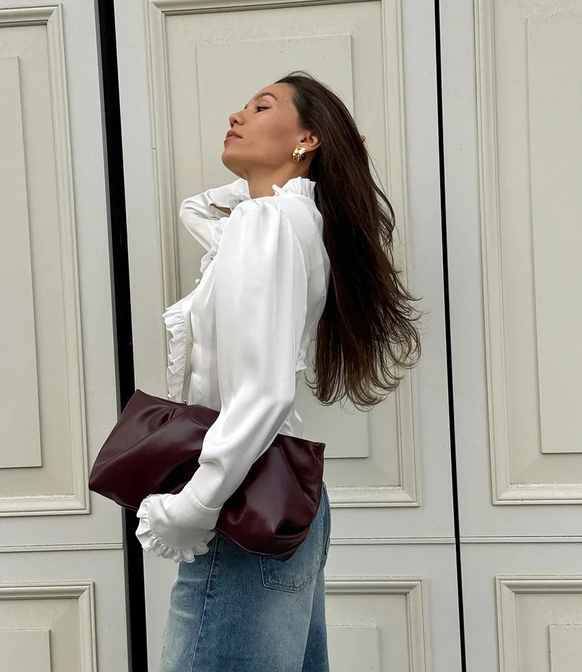 Women's White Ruffled Sleeve Cardigan Patchwork Blouse