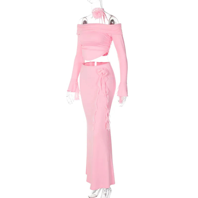 Off Shoulder Crop Top, Bodycon Maxi Skirt Set