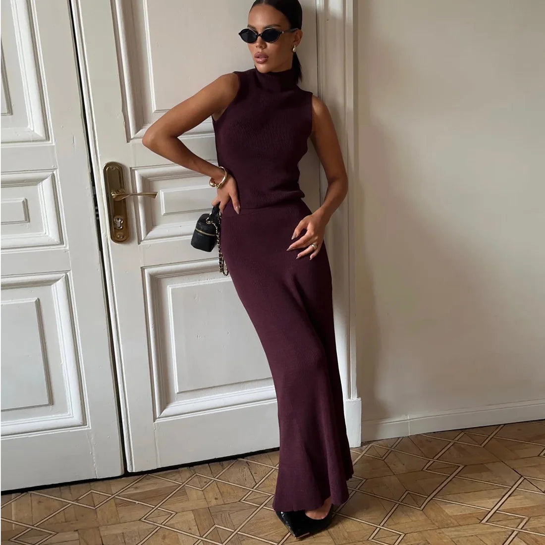Solid Knit Sleeveless Top Long Skirt Set
