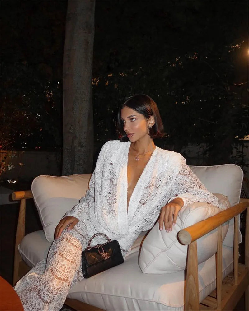 White Lace Two-Piece Loose Trouser Set