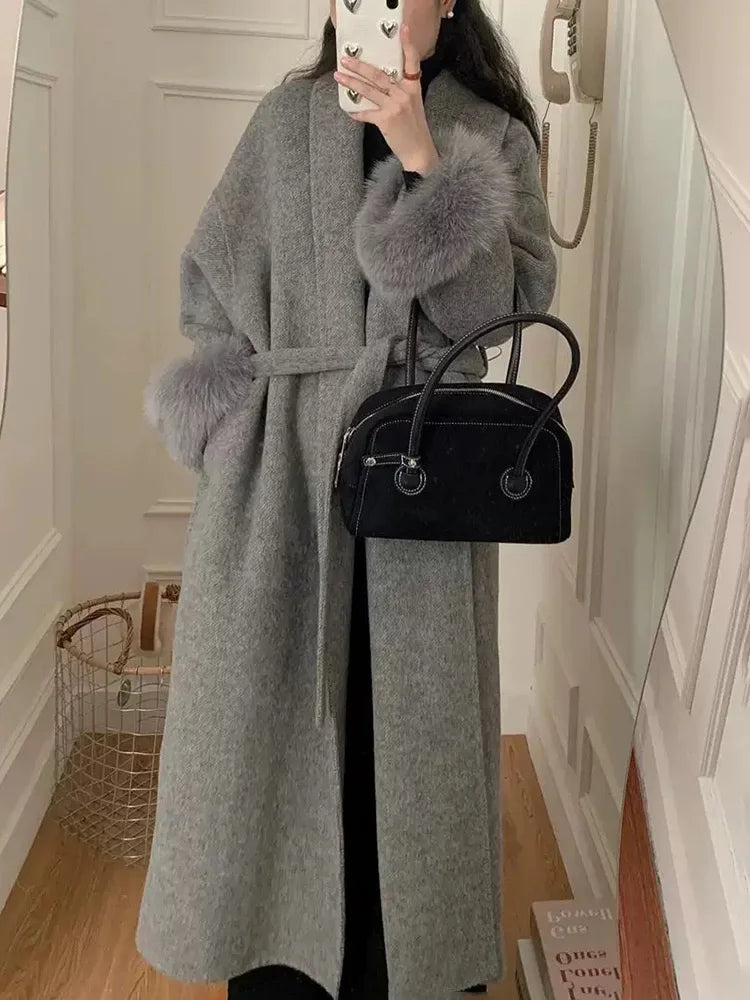 Lace-Up Fur Fluffy Lapel Long Sleeve Overcoat