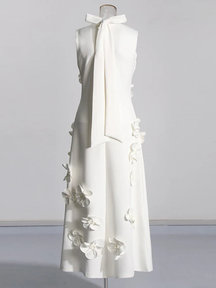 3D Flower Appliqué Mock Neck Midi Dress