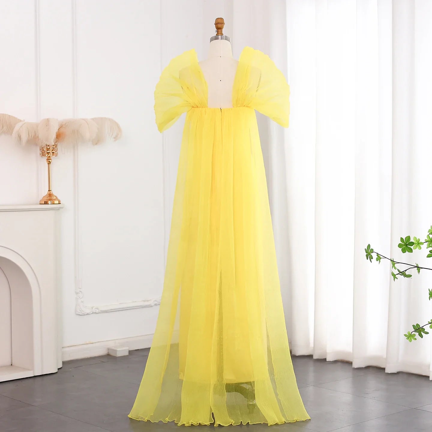 Beaded Yellow Evening Gown with Cape Sleeves