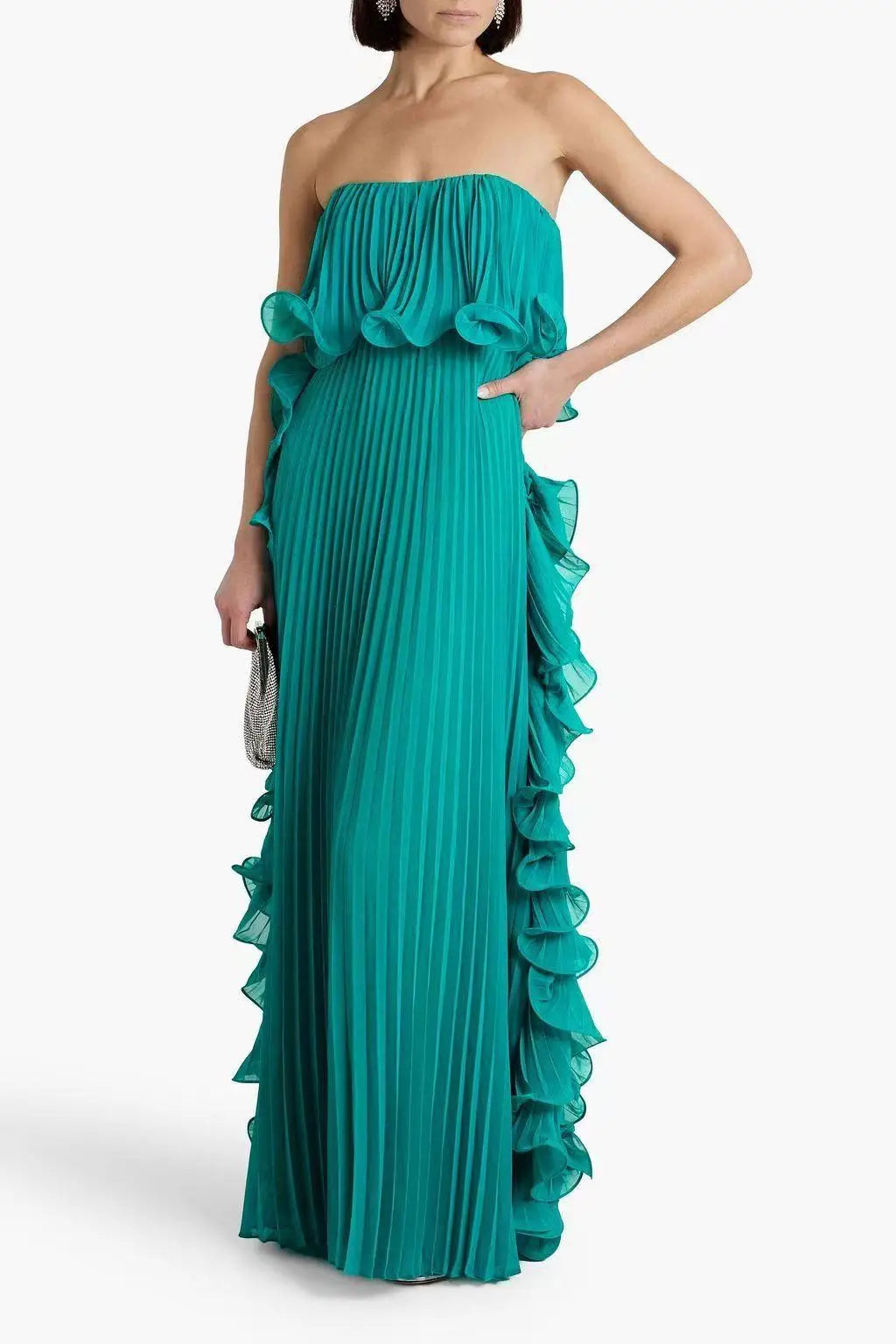 Pleated Chiffon Long Ruffled Strapless Dress