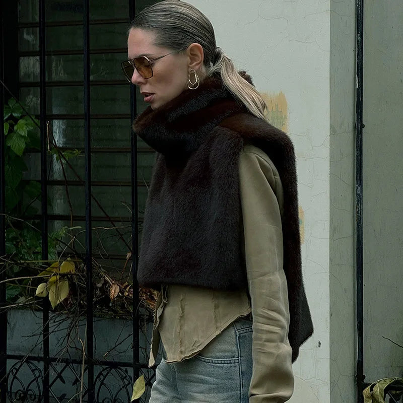 Turtleneck Faux Fur Sleeveless Jacket