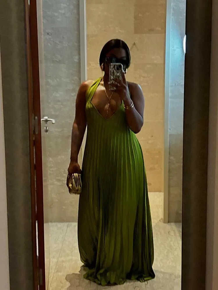 Pleated Hollow Out Halter Neck Long Dress