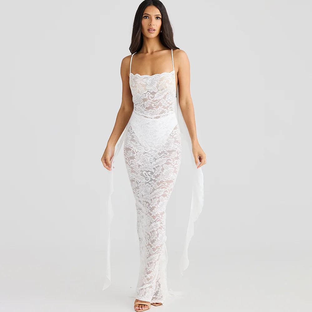 Lace Patchwork Backless Trailing Long Dress