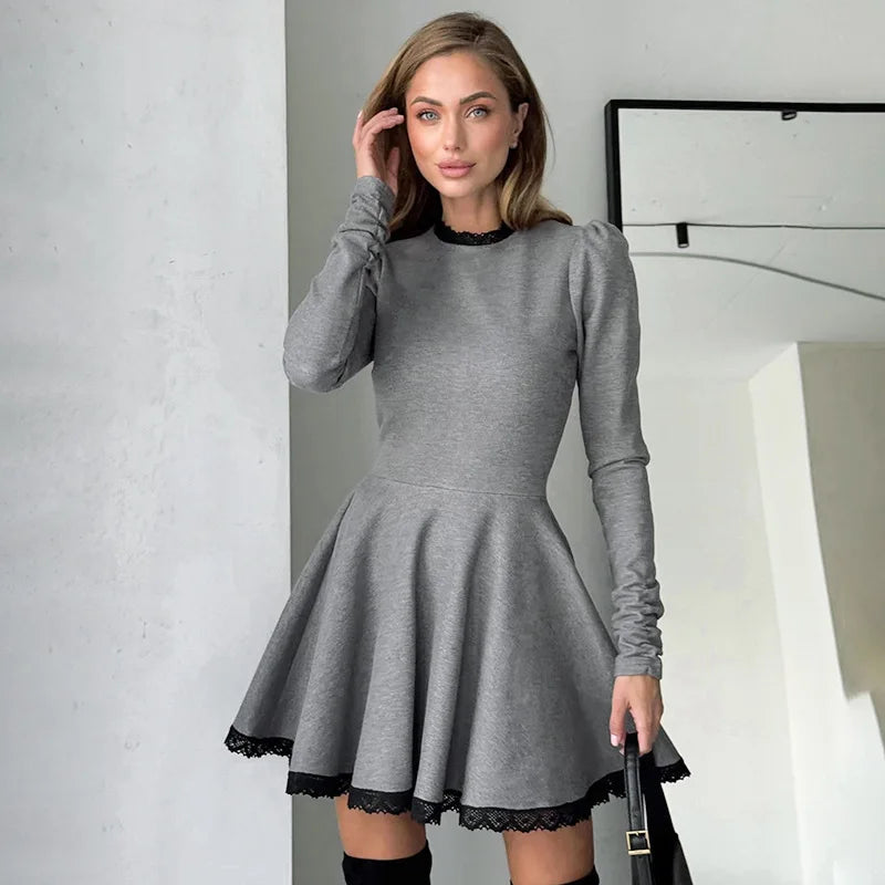 Patchwork Gray Long Sleeve A-line Mini Dress