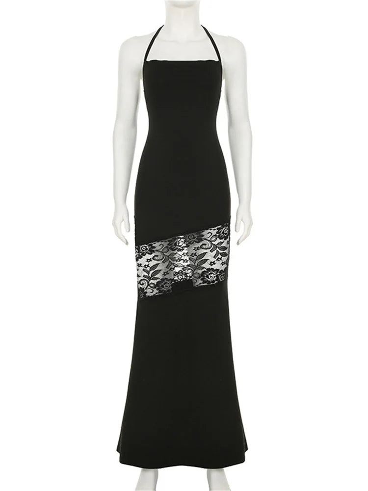 Black Printed Lace-Up Hollow Out Dress