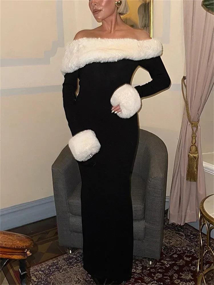 Fluffy Long Sleeve Off-Shoulder Patchwork Dress