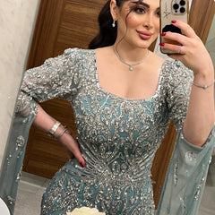 Turquoise Evening Gown with Cape Sleeves