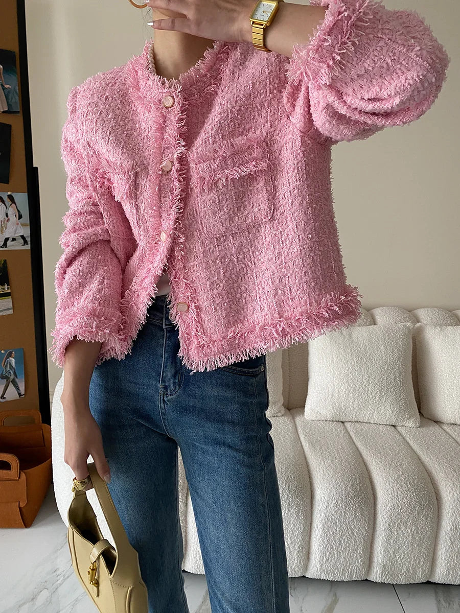 Pink Fringe Fur Shoulder Pad Tweed Blazer