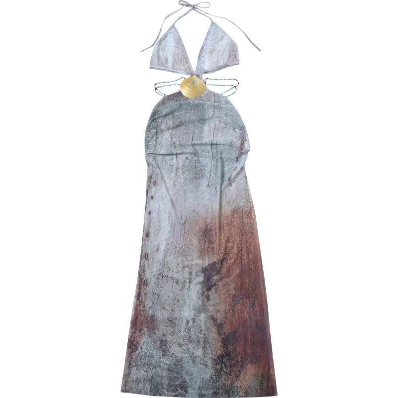 Backless Split Abstract Printed Mesh Sheer Dress