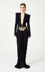 Deep V Neck Long Sleeves Black Maxi Dress  Party Gown