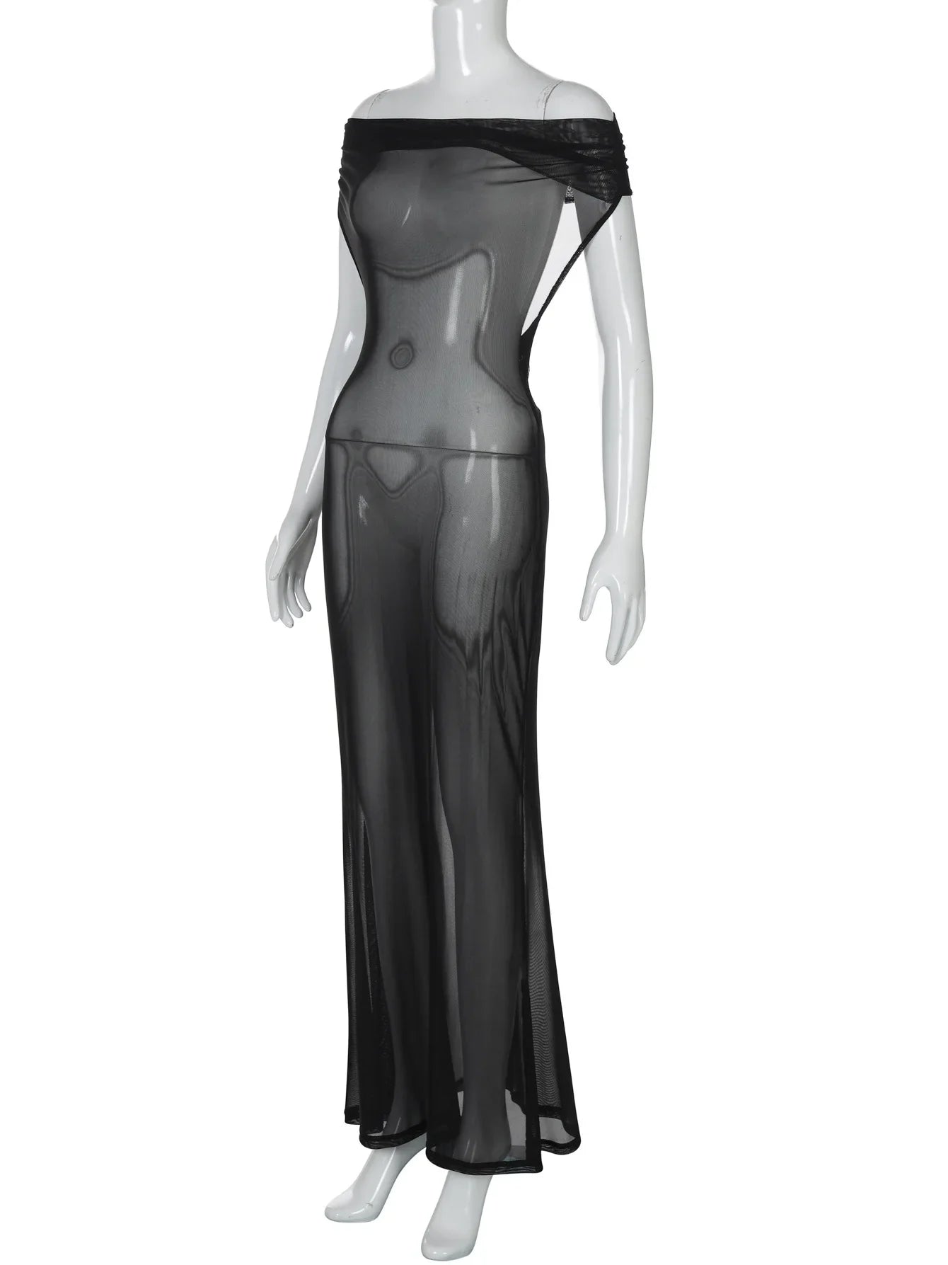 Black Patchwork Off-Shoulder Mesh Long Dress