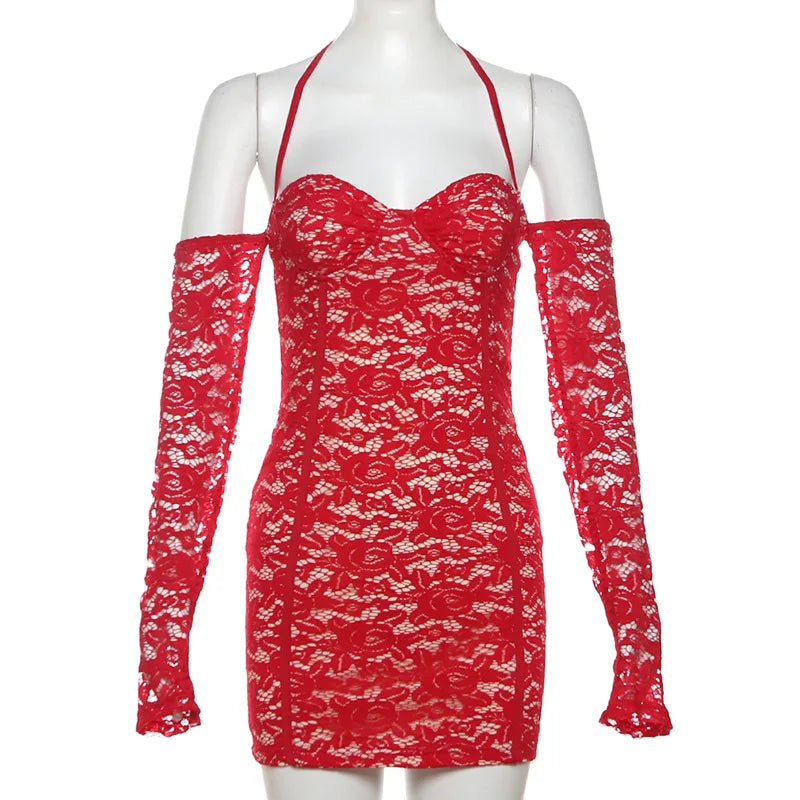 Red Lace Off-shoulder Bodycon Mini Dress