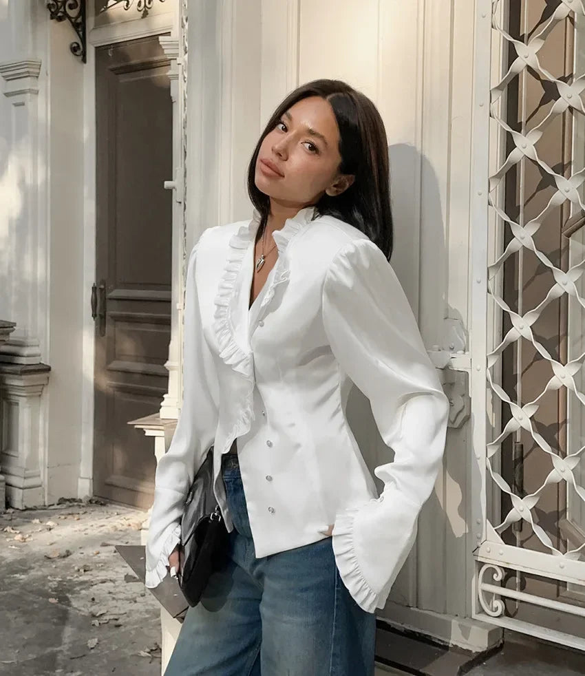 Women's White Ruffled Sleeve Cardigan Patchwork Blouse