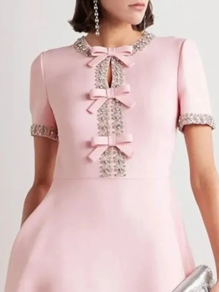 Diamond Edge Bowknot Short Sleeve Midi Dress