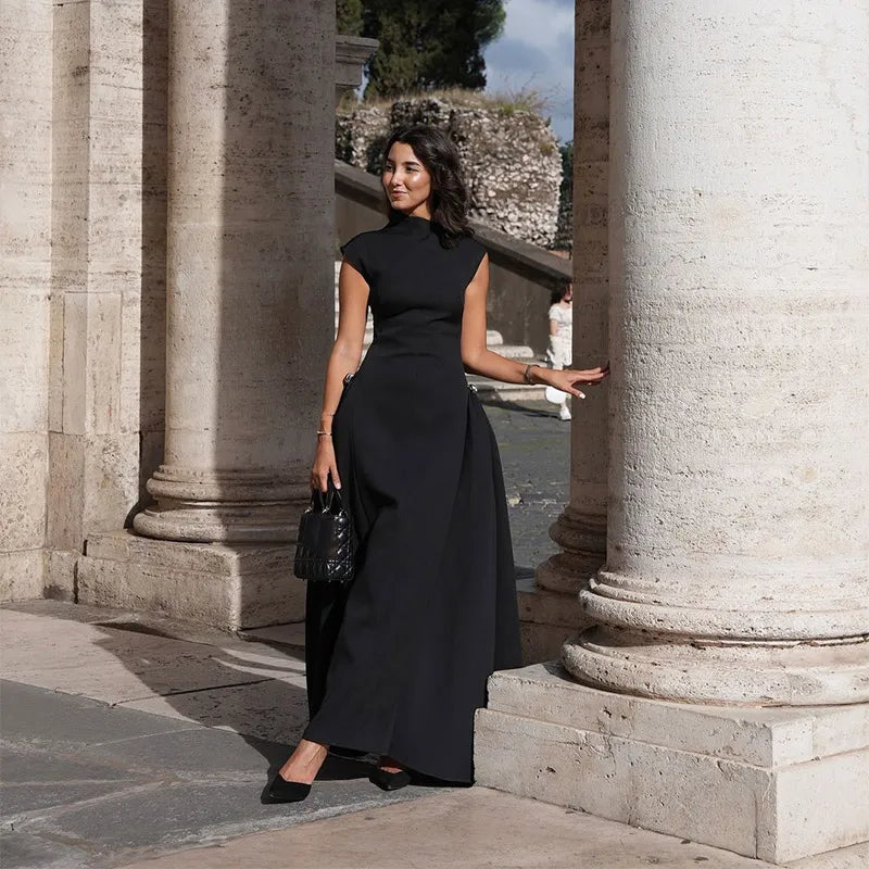 Slanted Collar Solid Pleated Long Dress