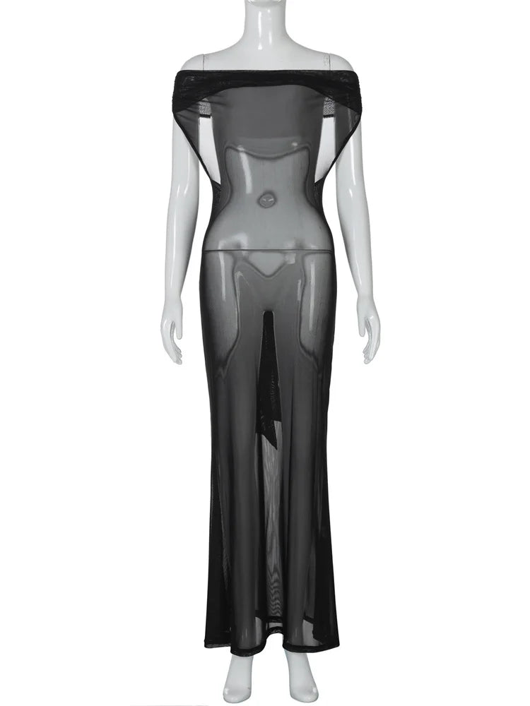 Black Patchwork Off-Shoulder Mesh Long Dress