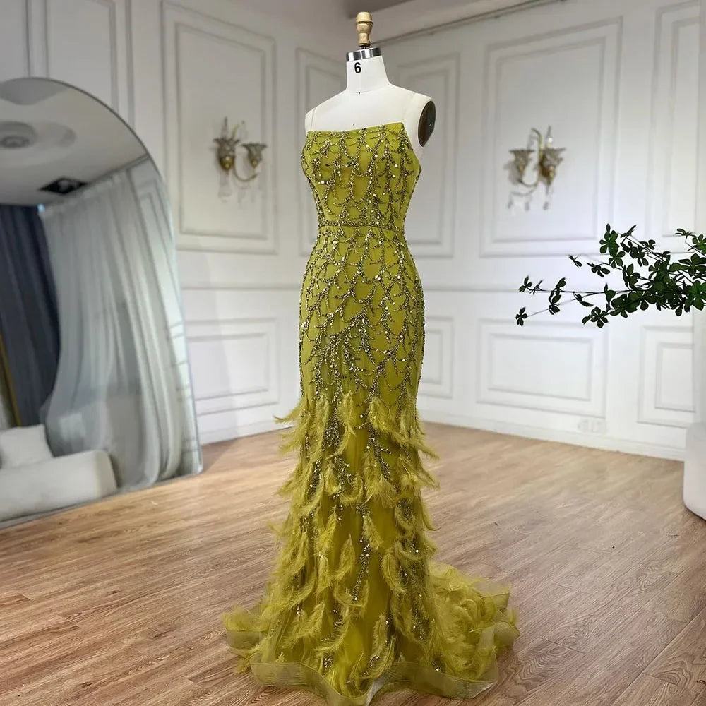 Spaghetti Strap Mermaid Feathers Beaded Prom Dress