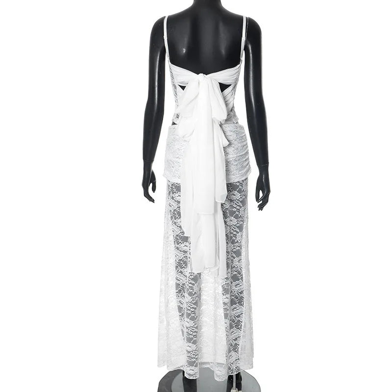 White Halter Top And Sheer Mesh Long Skirt Suit