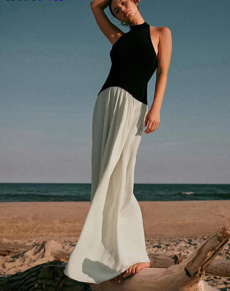 Contrast Patchwork Halter Backless Long Bodycon Dress