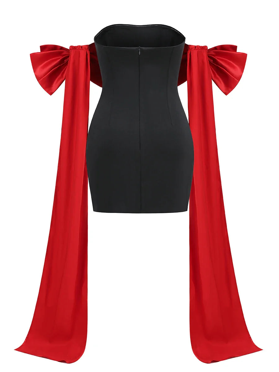 Black Tube Mini Dress With Large Red Bow Detachable Sleeves