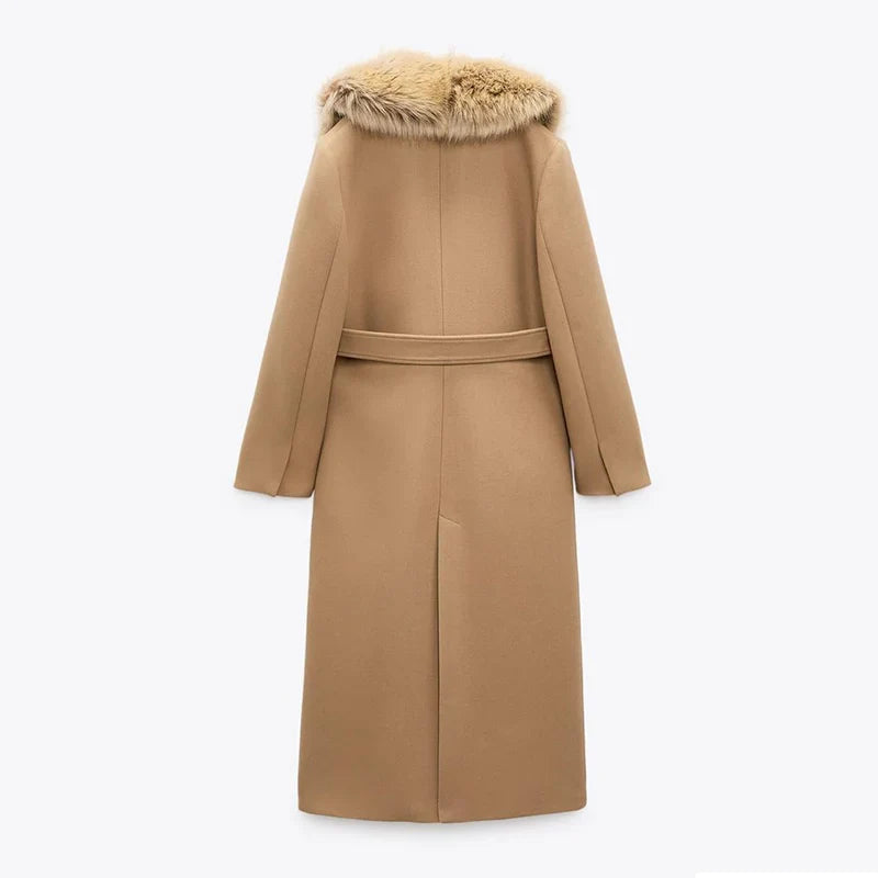 Elegant Fur Lapel Maxi Wool Overcoat