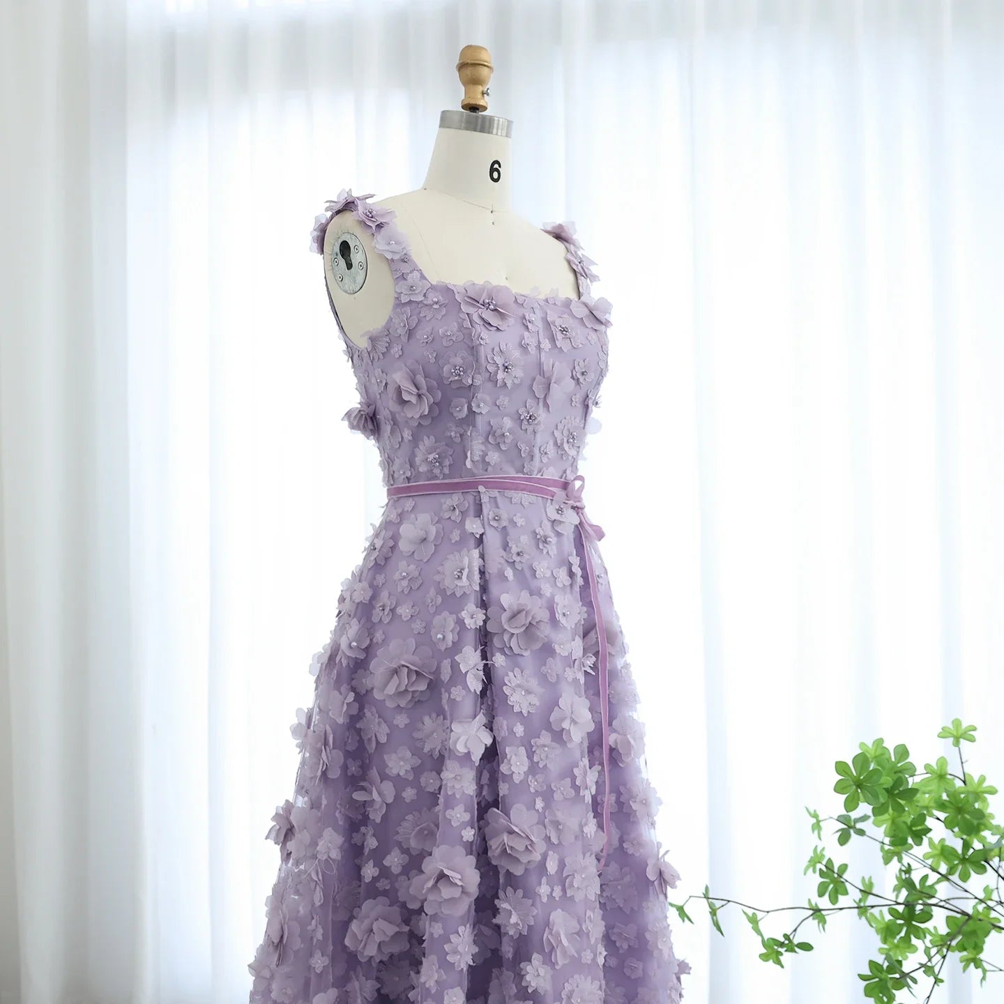Lilac 3D Embroidered Flowers High Slit Evening Dress