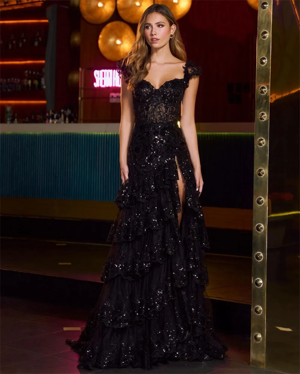 Lace Embroidery Glitter Prom Dresses