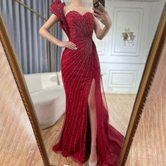 Mermaid Beaded High Slit Elegant One Shoulder Gowns