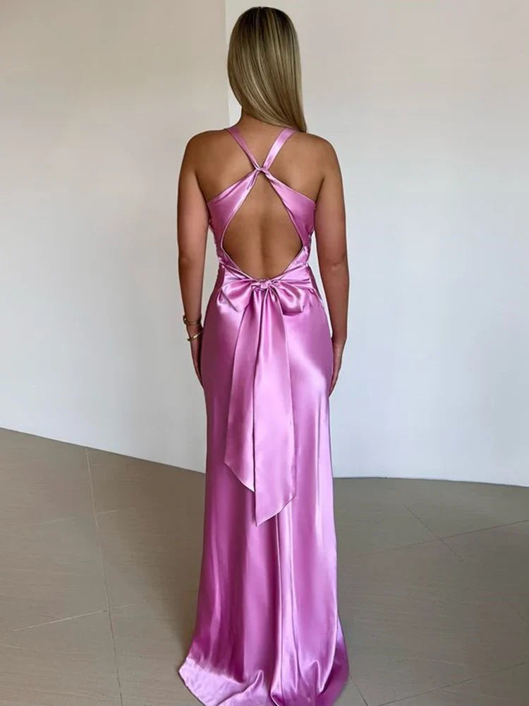 V Neck Sleeveless Satin Bow Backless Maxi Dress
