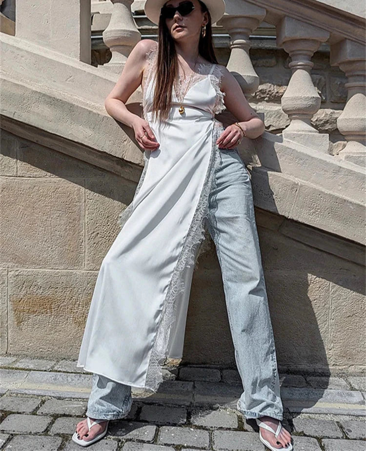 Lace Satin Patchwork High Split Maxi Dress