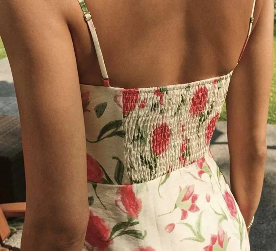 Large Flowers Elastic Buttons Midi Dress