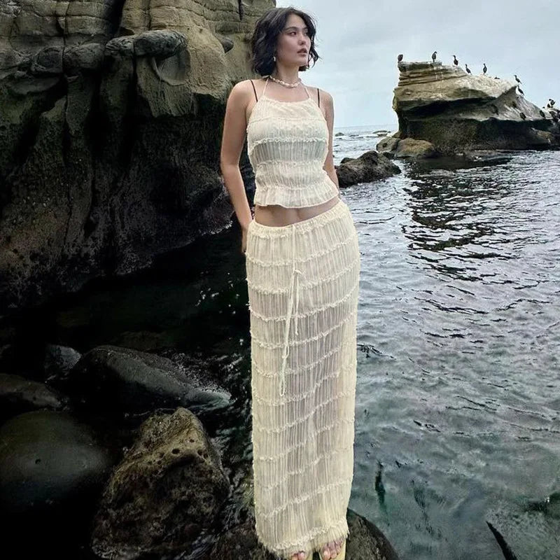 Chiffon Skirt Suit Spaghetti Strap Top and Long Skirt