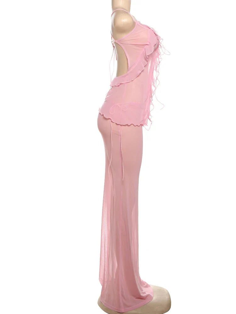 Mesh Irregular Ruffles Backless Tops and Long Skirts Suits