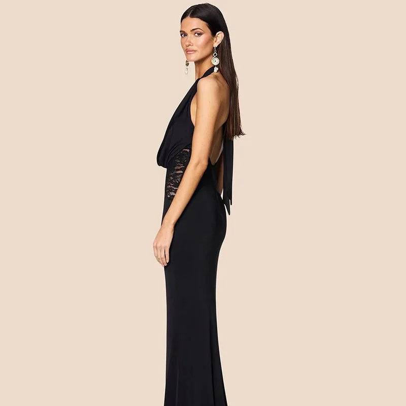 Halter Black Lace Off-shoulder Long Dress