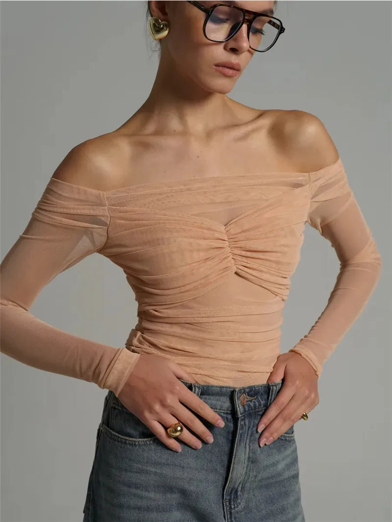 Mesh Off-shoulder Pleated Bust Strapless See Through Top