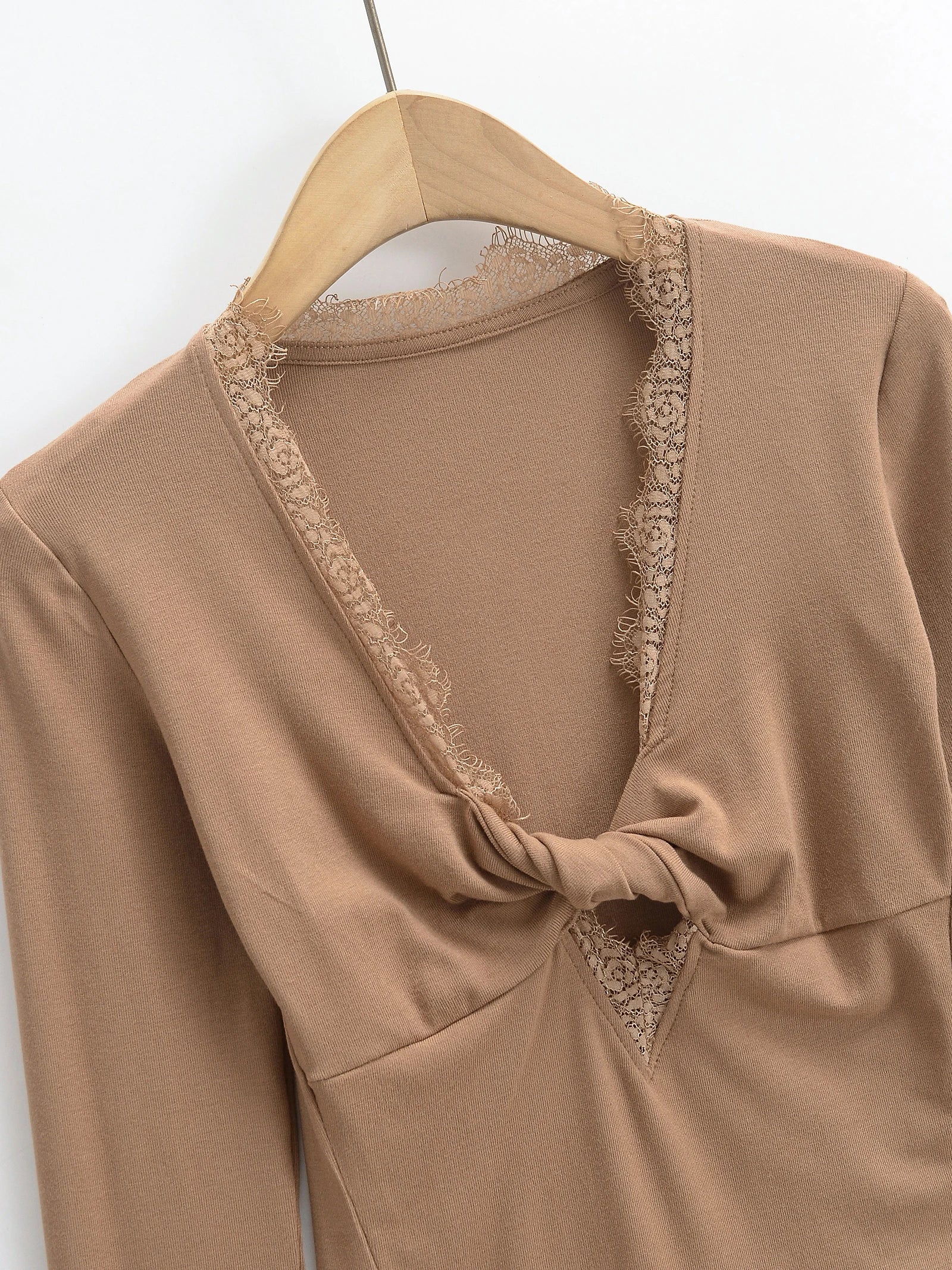 Spliced Lace Bow V neck Jersey Long Sleeve Bodysuit