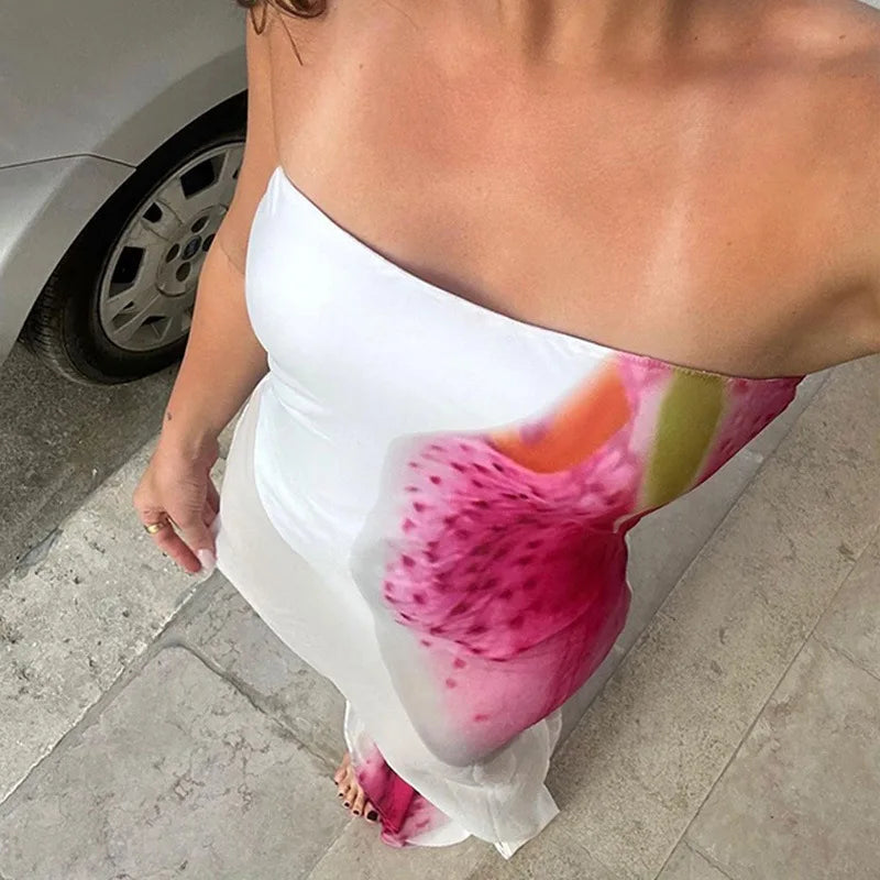 Mesh Floral Print Off-shoulder Long Dress