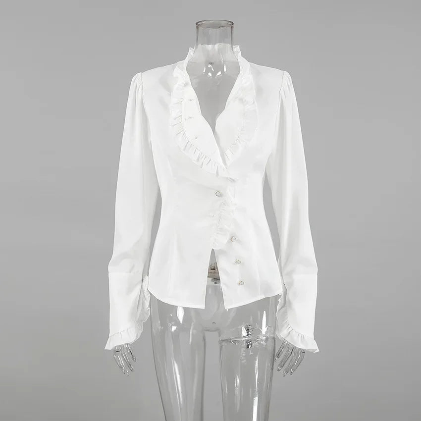 Women's White Ruffled Sleeve Cardigan Patchwork Blouse