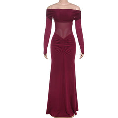 Elegant Backless High Waist  Mesh Patchwork Maxi Dress