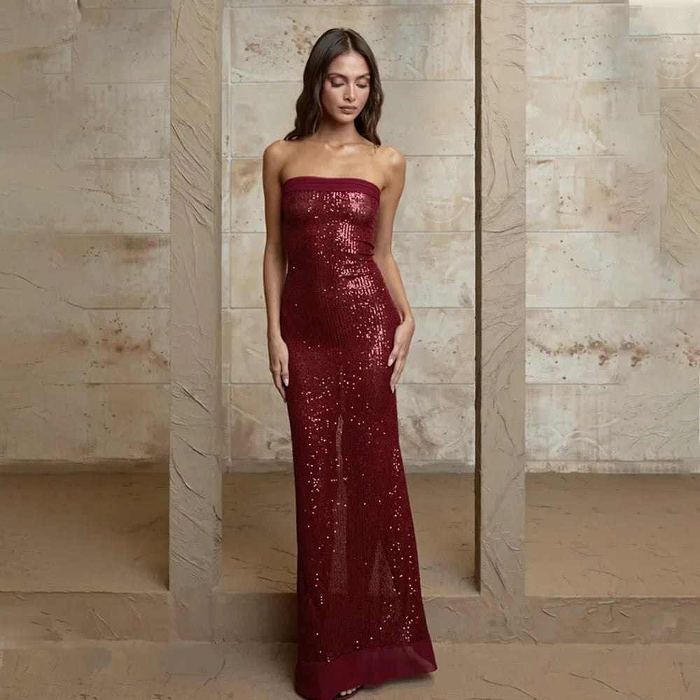 Strapless Sequin Slit Backless Dress