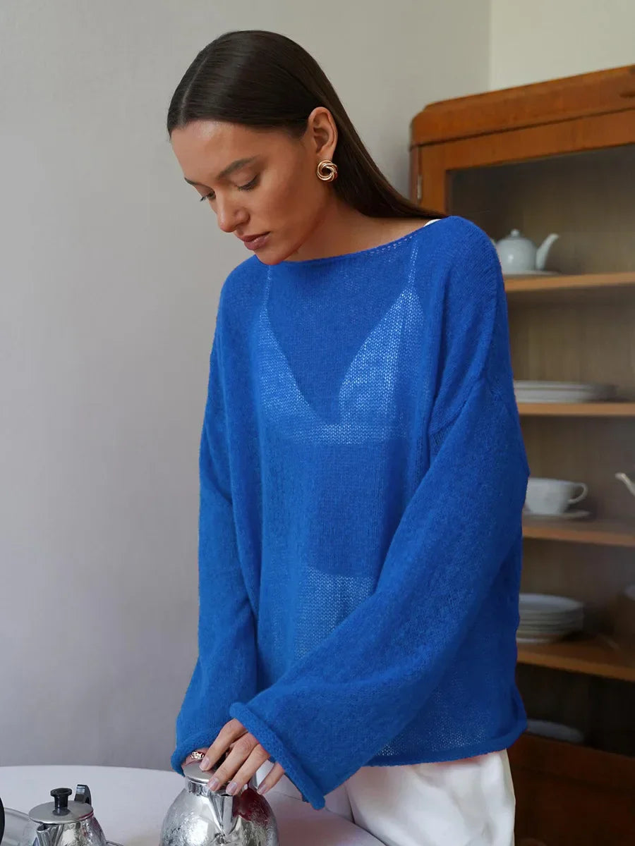 Hollow Solid See-through Long Sleeve Knitted Top