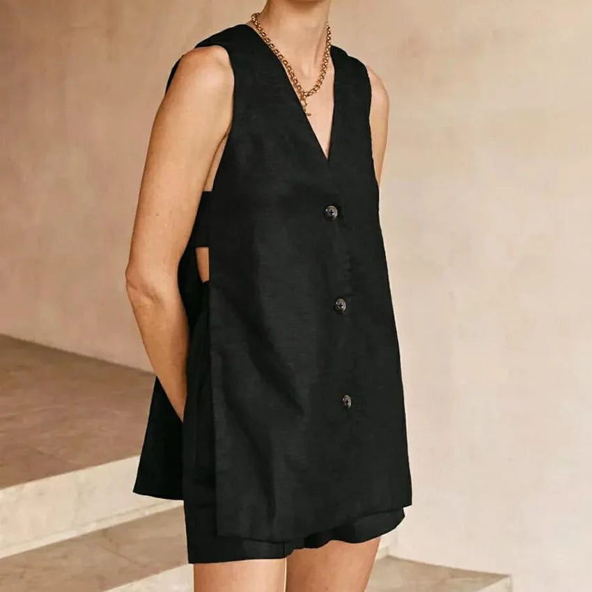 Hollow Button Long Top Elastic Waist Shorts Suit