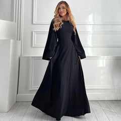 Ribbed Solid Lace-up Long Sleeve Dress