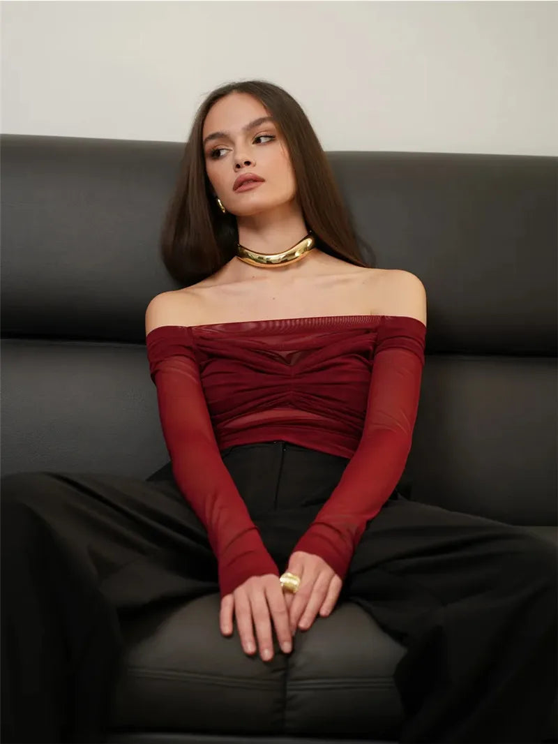 Mesh Off-shoulder Pleated Bust Strapless See Through Top