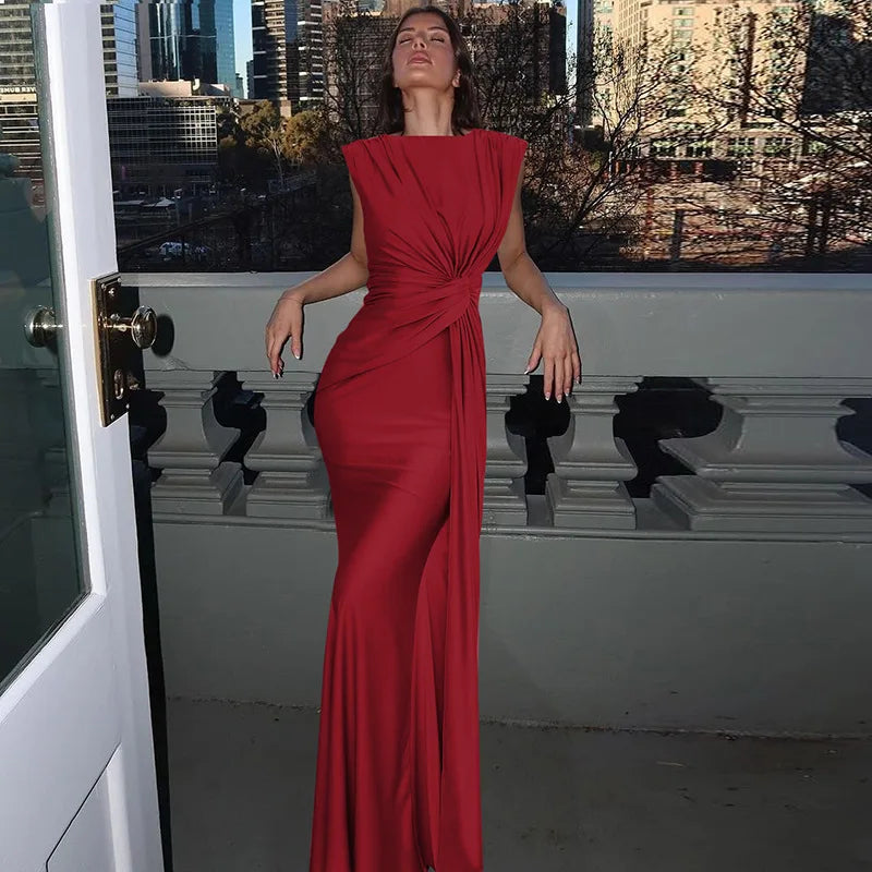 Solid Boat Neck Twist Knot Long Dress