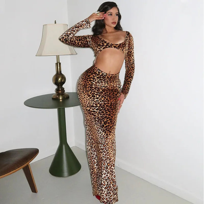 Leopard Print Hollow Out Long Dress